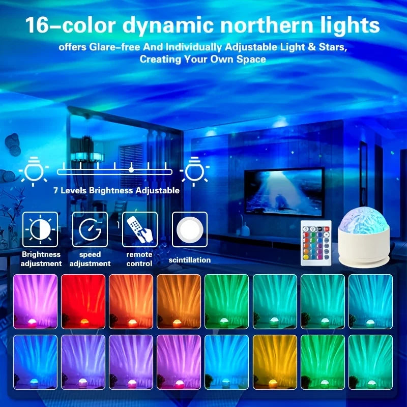 Starry Sky Galaxy Aurora Projector Light LED Night Light Remote RGB 16 Colors Water Ripple Projector Lamp Party Room Decor Gift